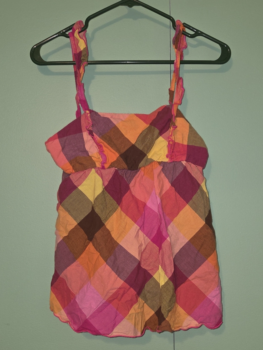 Y2k Candies Colorful Diamond Print Ruffle Strap Tank Top Pink Orange Babydoll L